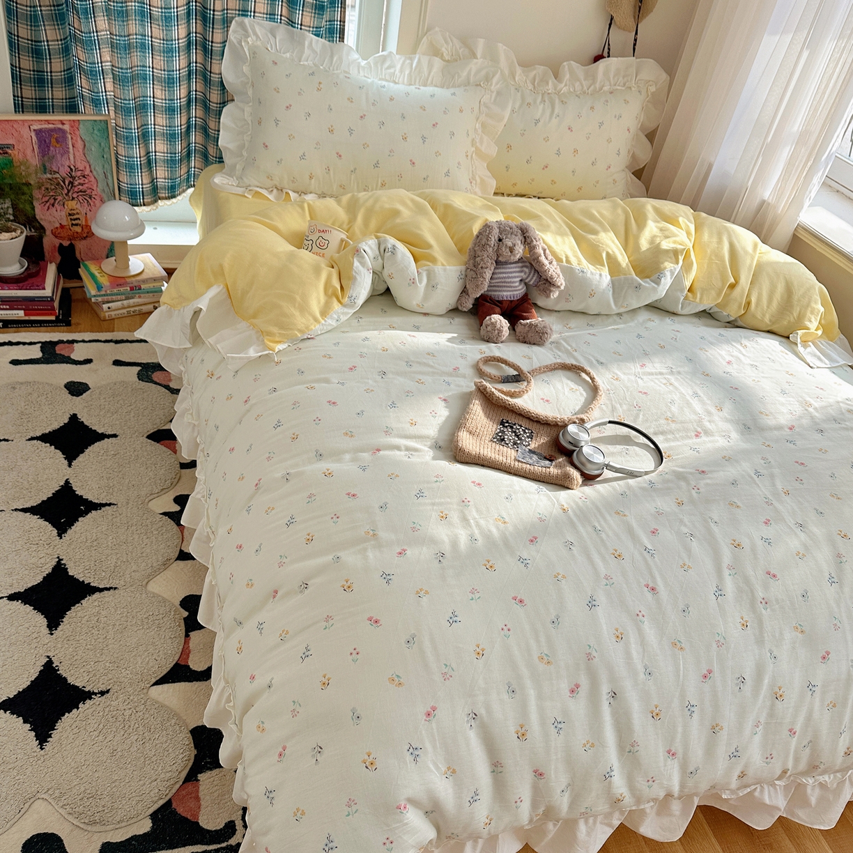 91家纺网 家纺一手货源 找家纺 丽涵家纺 2026新款法式立体花边全棉纯棉双层纱四件套 花园密语