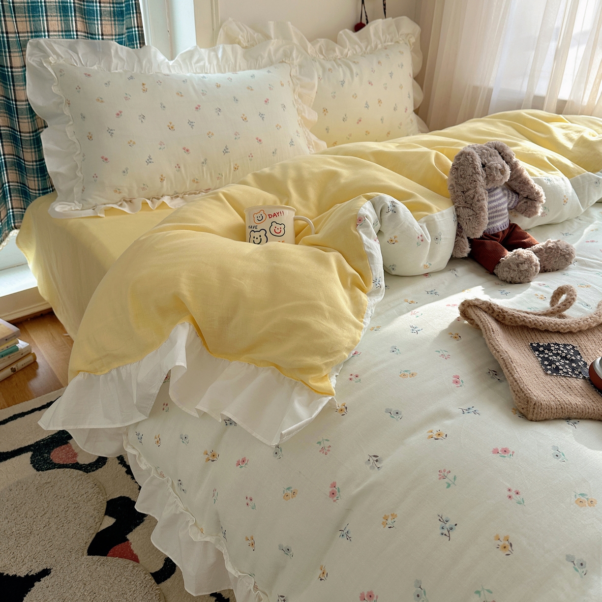 91家纺网 家纺一手货源 找家纺 丽涵家纺 2026新款法式立体花边全棉纯棉双层纱四件套 花园密语