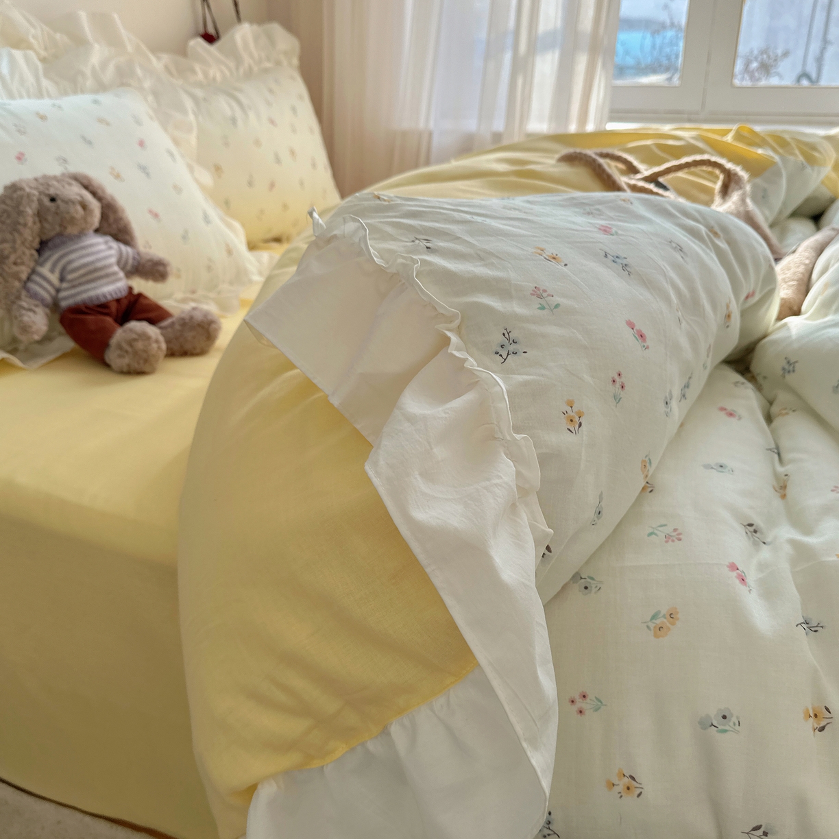 91家纺网 家纺一手货源 找家纺 丽涵家纺 2026新款法式立体花边全棉纯棉双层纱四件套 花园密语