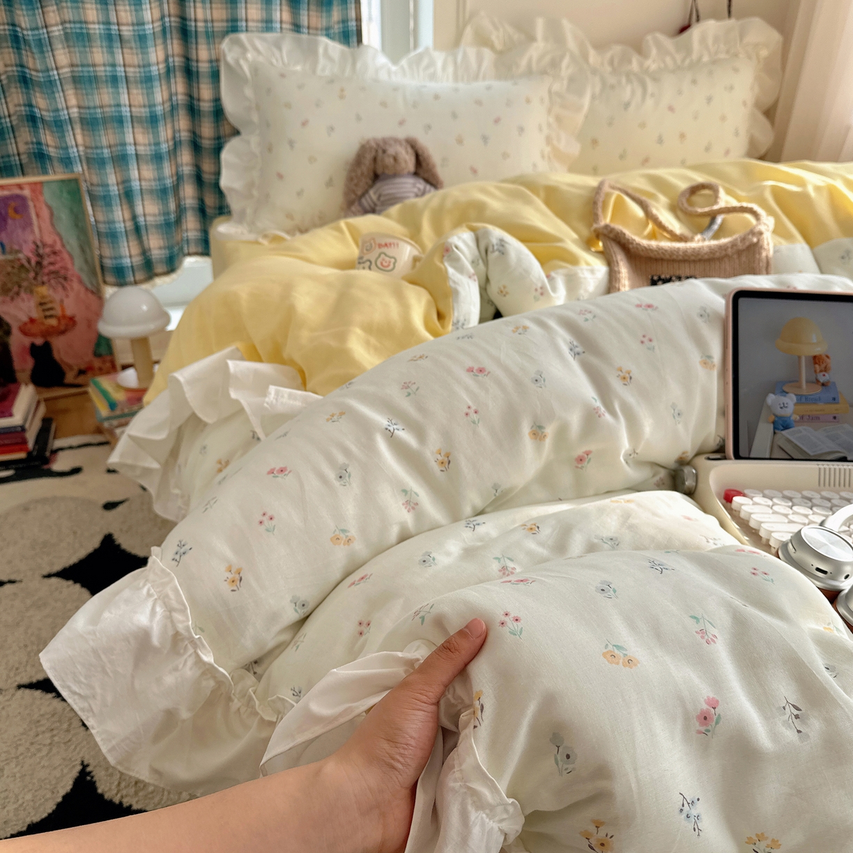 91家纺网 家纺一手货源 找家纺 丽涵家纺 2026新款法式立体花边全棉纯棉双层纱四件套 花园密语