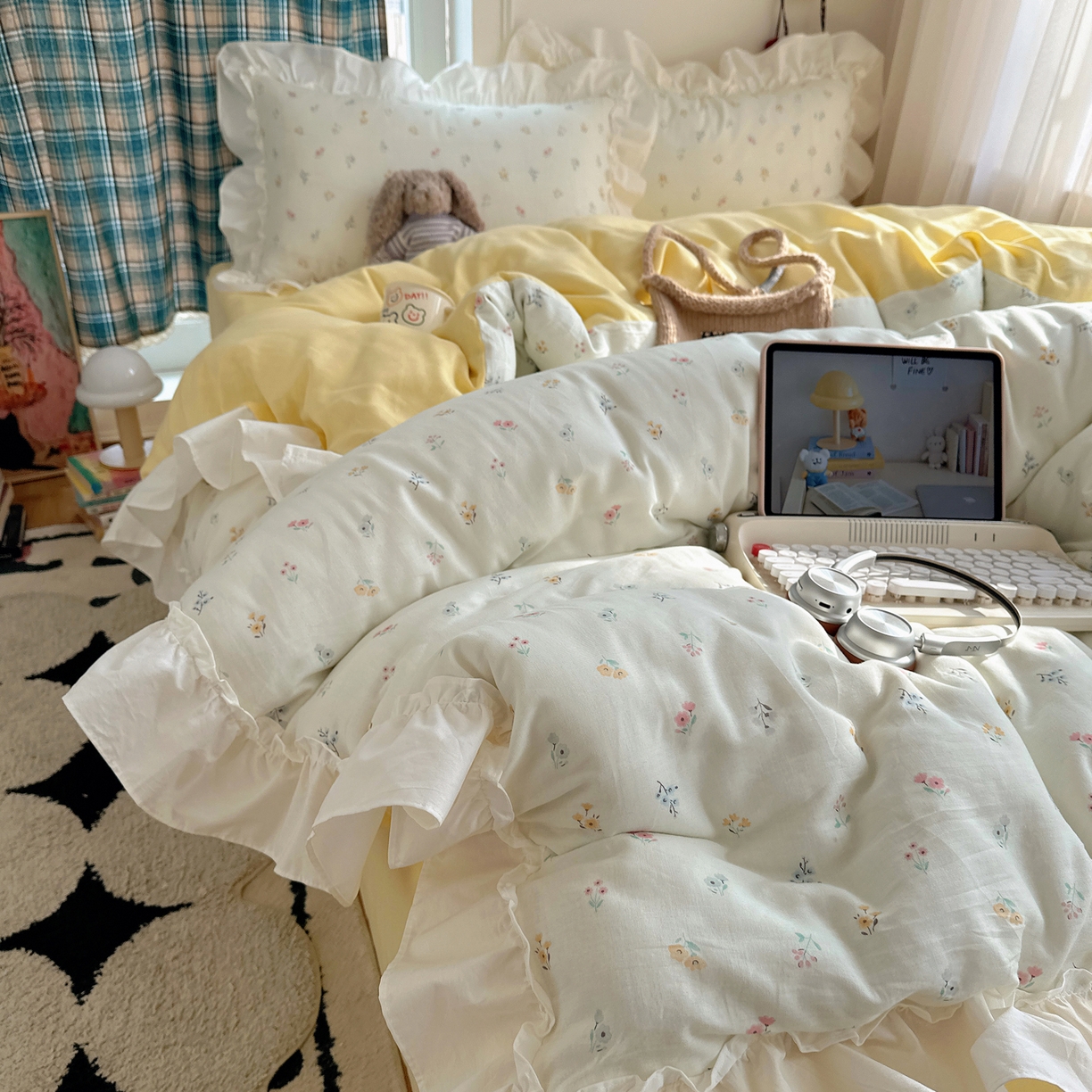 91家纺网 家纺一手货源 找家纺 丽涵家纺 2026新款法式立体花边全棉纯棉双层纱四件套 花园密语