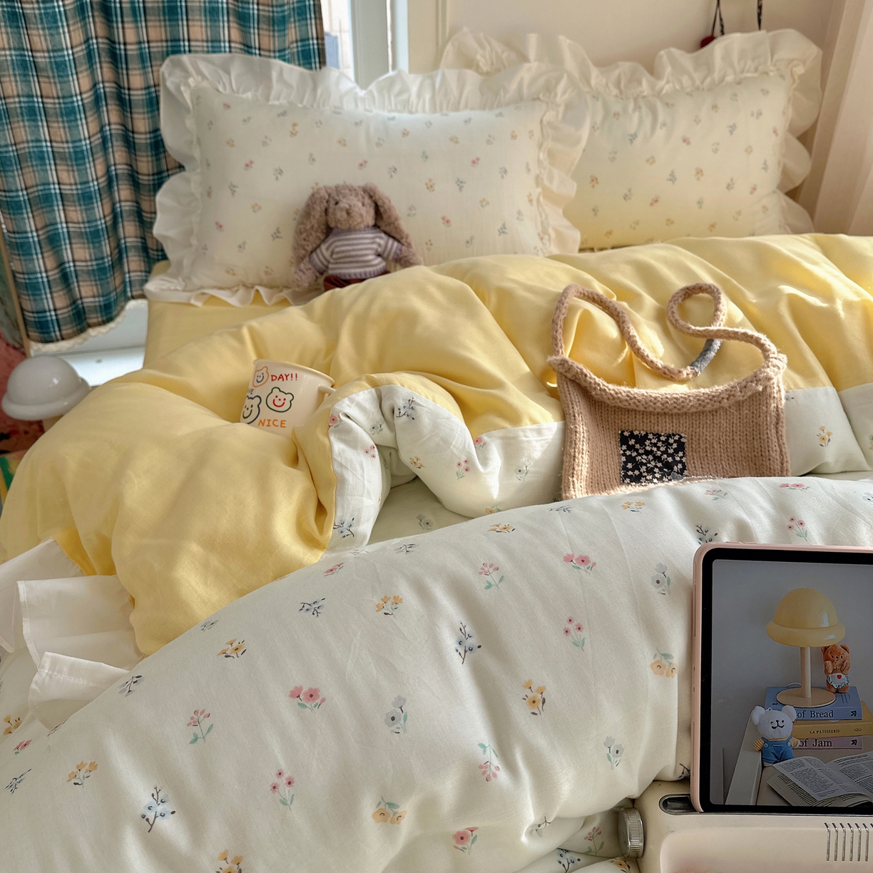 91家纺网 家纺一手货源 找家纺 丽涵家纺 2026新款法式立体花边全棉纯棉双层纱四件套 花园密语