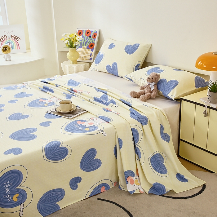 91家纺网 家纺一手货源 找家纺 爱彼家纺 2026春夏新款A类全棉纯棉老粗布凉席三件套席子床单-系列四 华夫格-蓝心兔