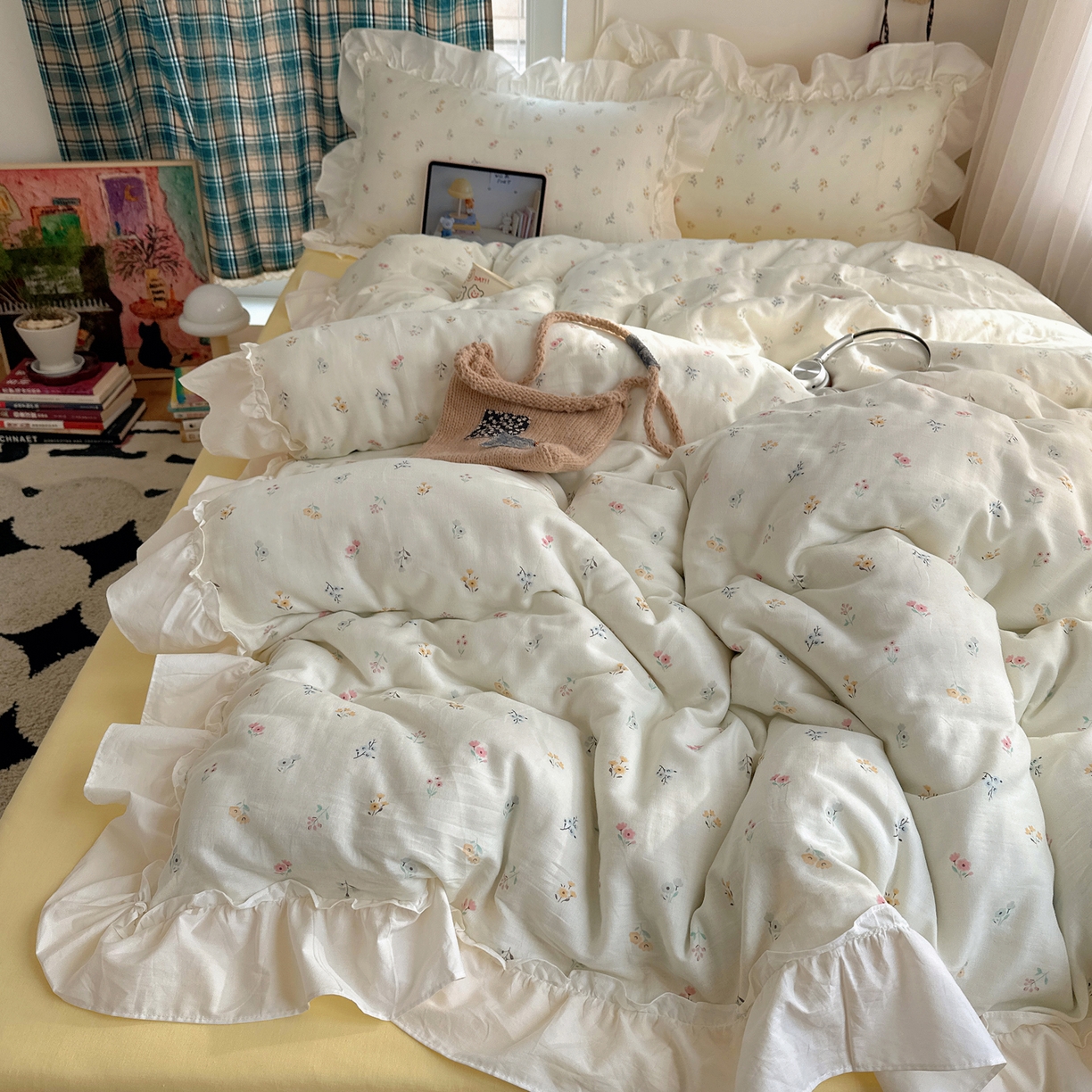 91家纺网 家纺一手货源 找家纺 丽涵家纺 2026新款法式立体花边全棉纯棉双层纱四件套 花园密语