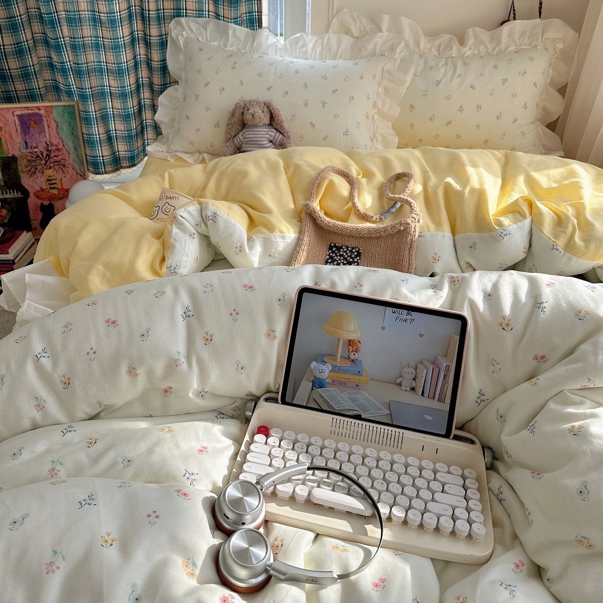 91家纺网 家纺一手货源 找家纺 丽涵家纺 2026新款法式立体花边全棉纯棉双层纱四件套 花园密语