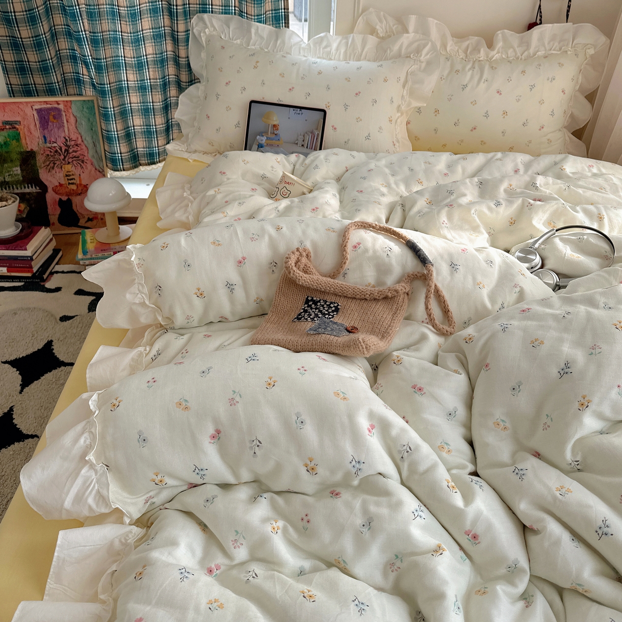 91家纺网 家纺一手货源 找家纺 丽涵家纺 2026新款法式立体花边全棉纯棉双层纱四件套 花园密语