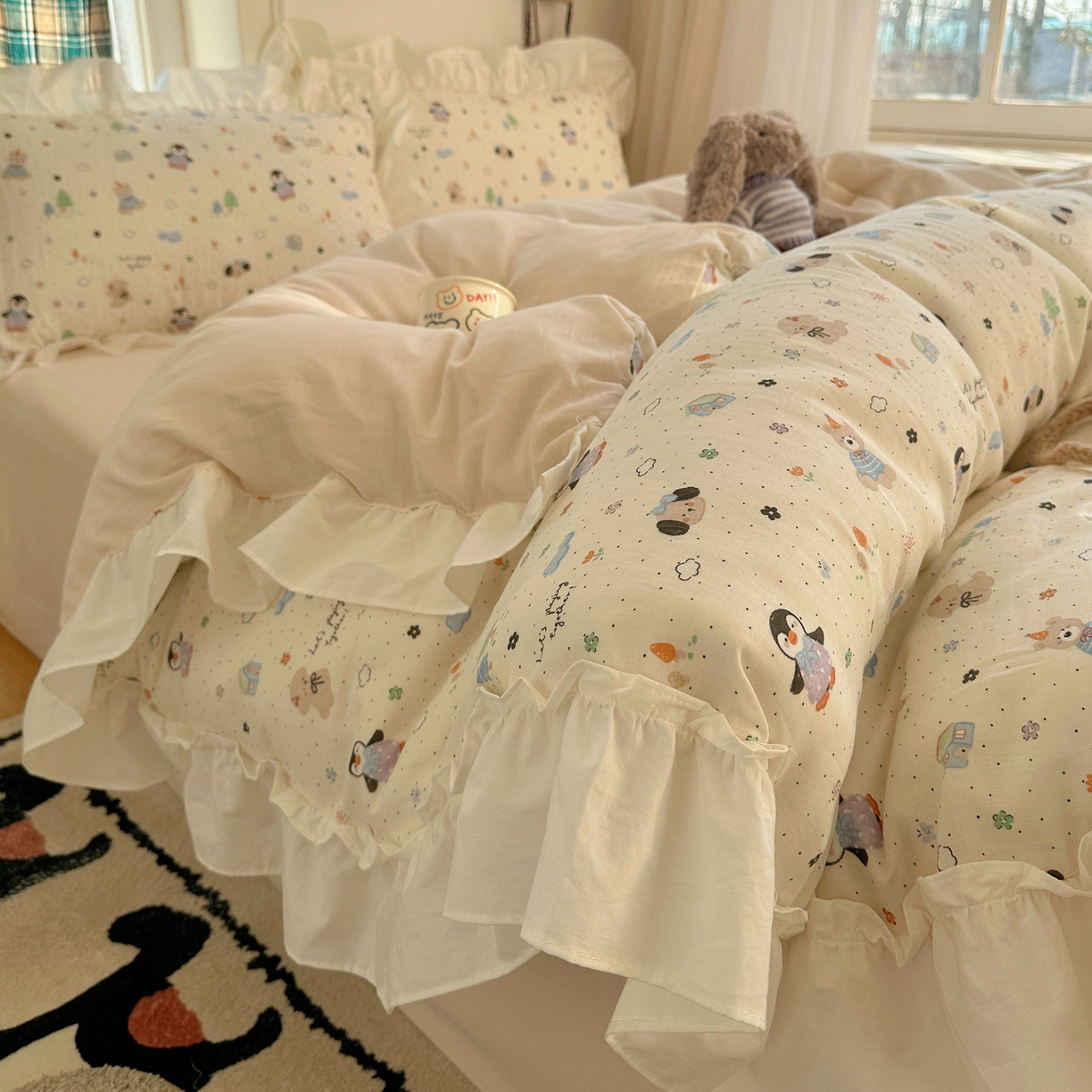 丽涵家纺 2026新款法式立体花边全棉纯棉双层纱四件套 可爱动物园