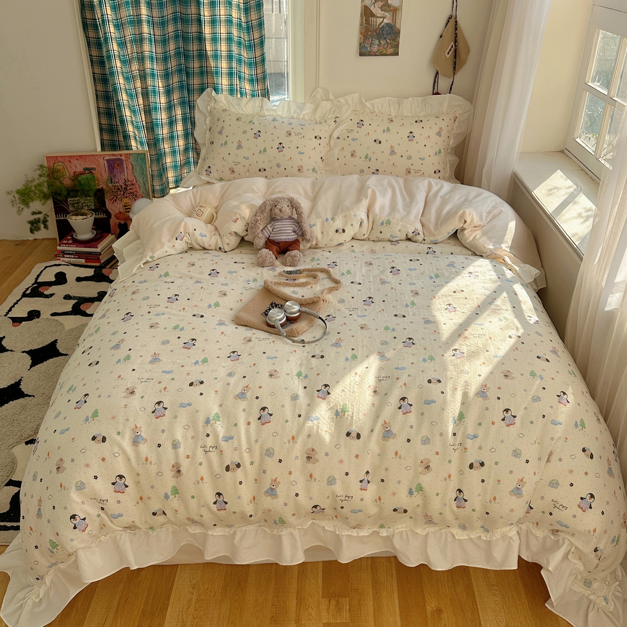 91家纺网 家纺一手货源 找家纺 丽涵家纺 2026新款法式立体花边全棉纯棉双层纱四件套 可爱动物园