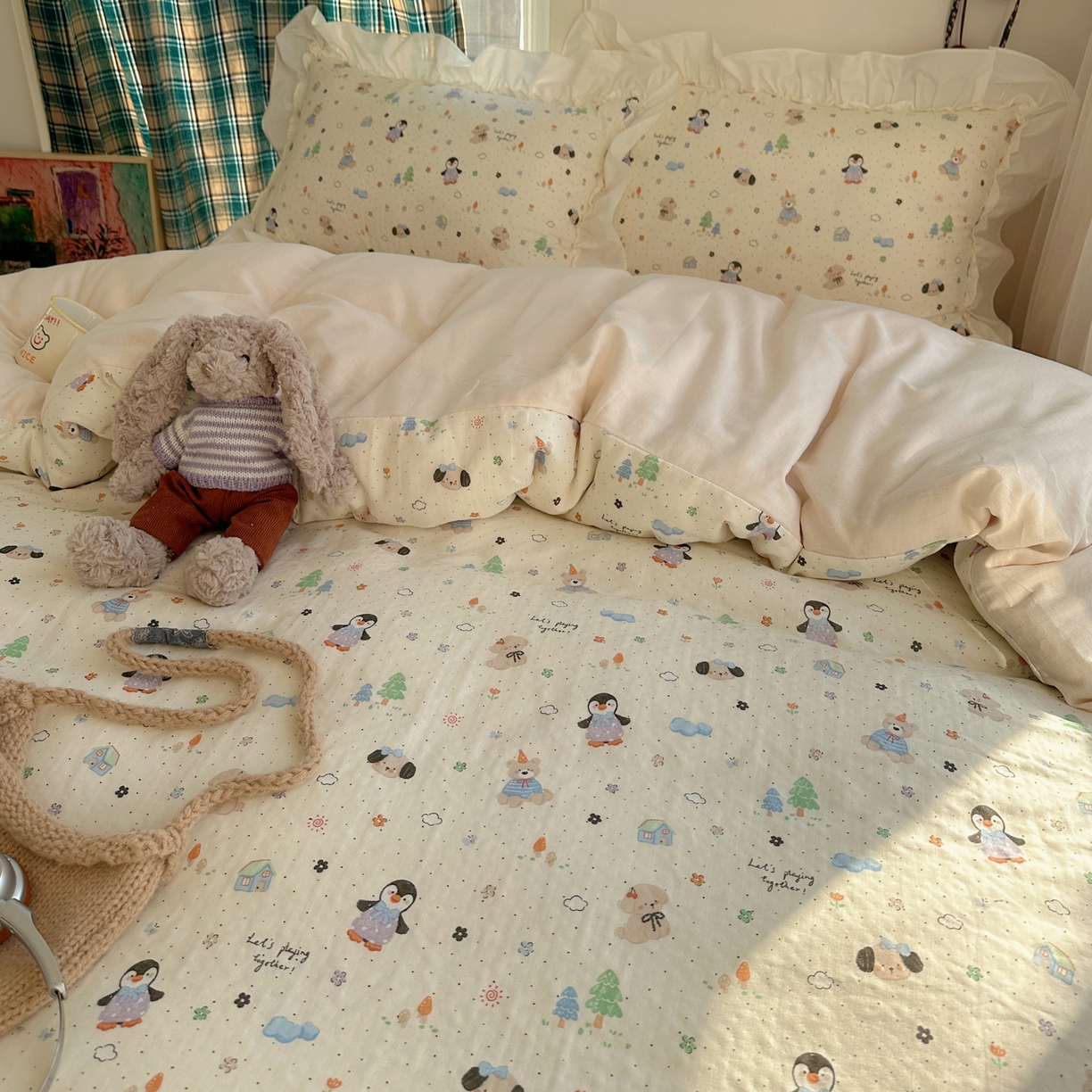 91家纺网 家纺一手货源 找家纺 丽涵家纺 2026新款法式立体花边全棉纯棉双层纱四件套 可爱动物园