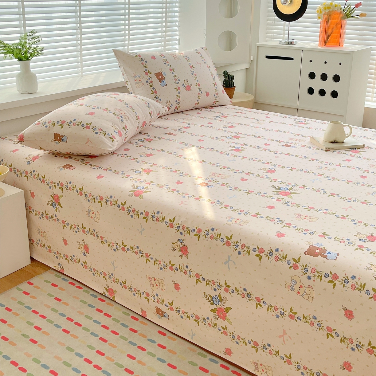 91家纺网 家纺一手货源 找家纺 爱彼家纺 2026春夏新款A类全棉纯棉老粗布凉席三件套席子床单-系列四 华夫格-蔷薇