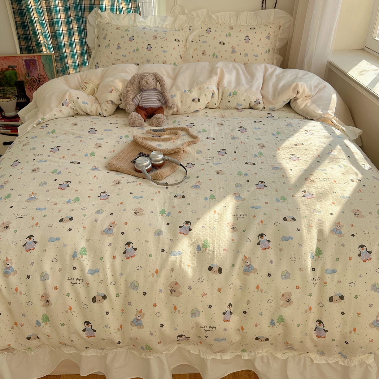 91家纺网 家纺一手货源 找家纺 丽涵家纺 2026新款法式立体花边全棉纯棉双层纱四件套 可爱动物园