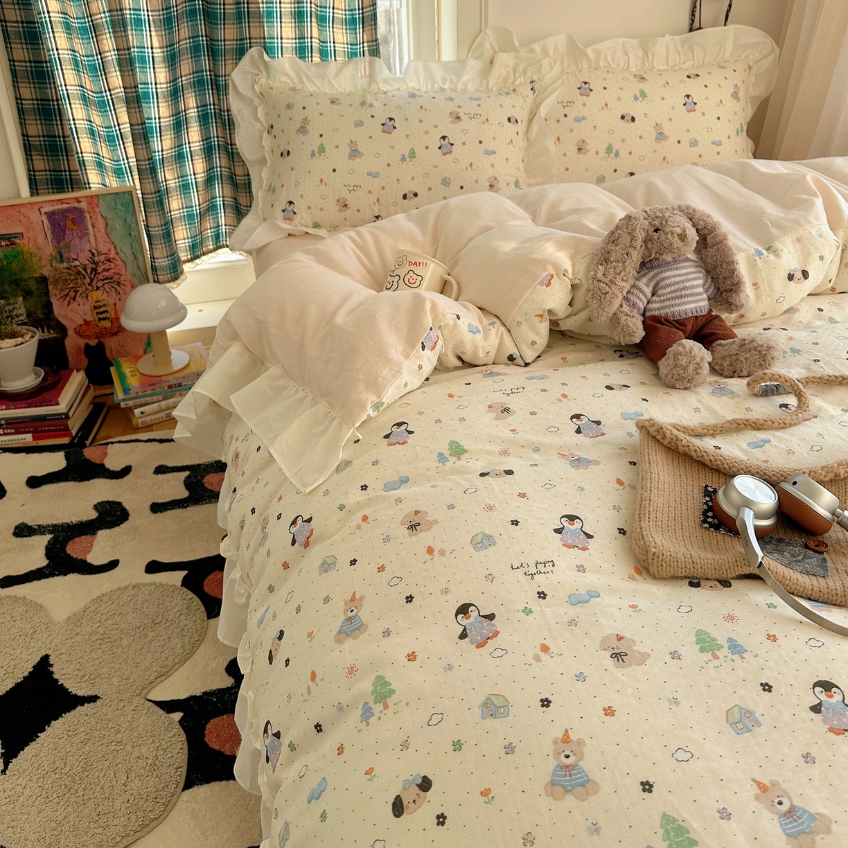 91家纺网 家纺一手货源 找家纺 丽涵家纺 2026新款法式立体花边全棉纯棉双层纱四件套 可爱动物园