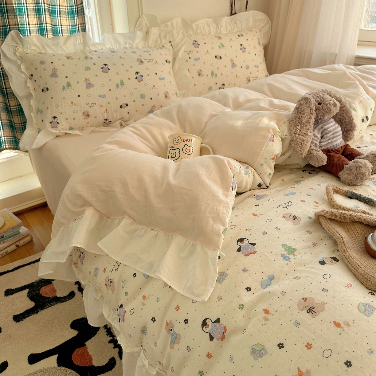 91家纺网 家纺一手货源 找家纺 丽涵家纺 2026新款法式立体花边全棉纯棉双层纱四件套 可爱动物园