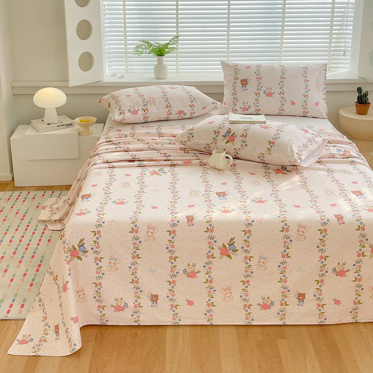 91家纺网 家纺一手货源 找家纺 爱彼家纺 2026春夏新款A类全棉纯棉老粗布凉席三件套席子床单-系列四 华夫格-蔷薇