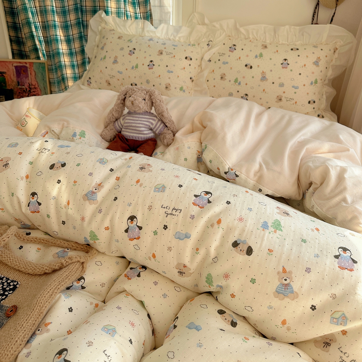 91家纺网 家纺一手货源 找家纺 丽涵家纺 2026新款法式立体花边全棉纯棉双层纱四件套 可爱动物园