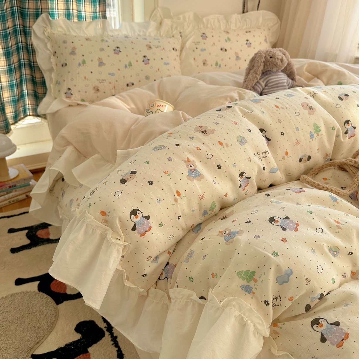 91家纺网 家纺一手货源 找家纺 丽涵家纺 2026新款法式立体花边全棉纯棉双层纱四件套 可爱动物园