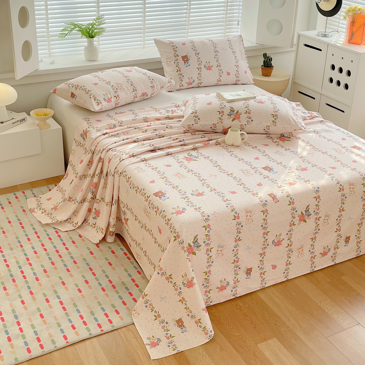 91家纺网 家纺一手货源 找家纺 爱彼家纺 2026春夏新款A类全棉纯棉老粗布凉席三件套席子床单-系列四 华夫格-蔷薇