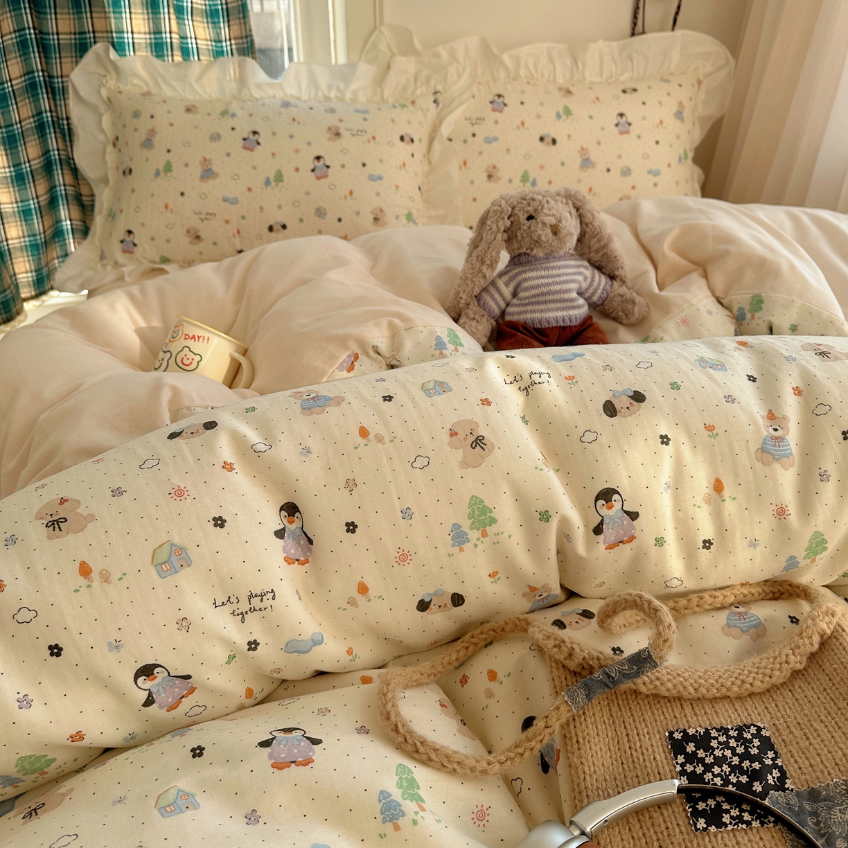 91家纺网 家纺一手货源 找家纺 丽涵家纺 2026新款法式立体花边全棉纯棉双层纱四件套 可爱动物园