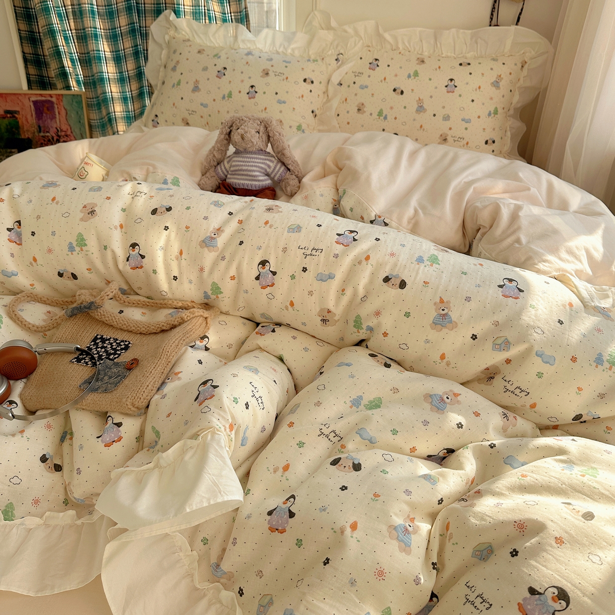 91家纺网 家纺一手货源 找家纺 丽涵家纺 2026新款法式立体花边全棉纯棉双层纱四件套 可爱动物园