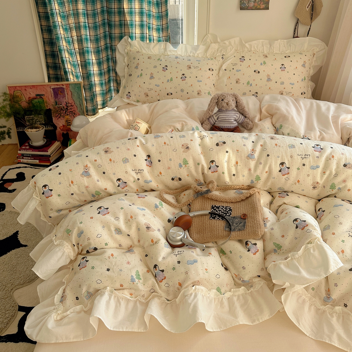 91家纺网 家纺一手货源 找家纺 丽涵家纺 2026新款法式立体花边全棉纯棉双层纱四件套 可爱动物园