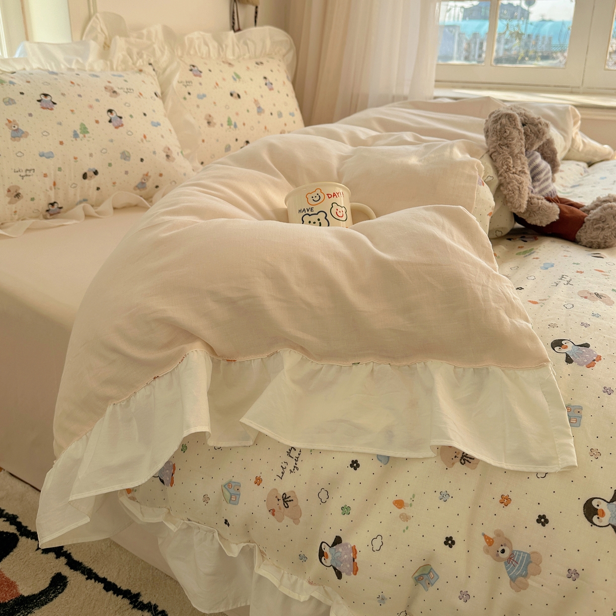 91家纺网 家纺一手货源 找家纺 丽涵家纺 2026新款法式立体花边全棉纯棉双层纱四件套 可爱动物园