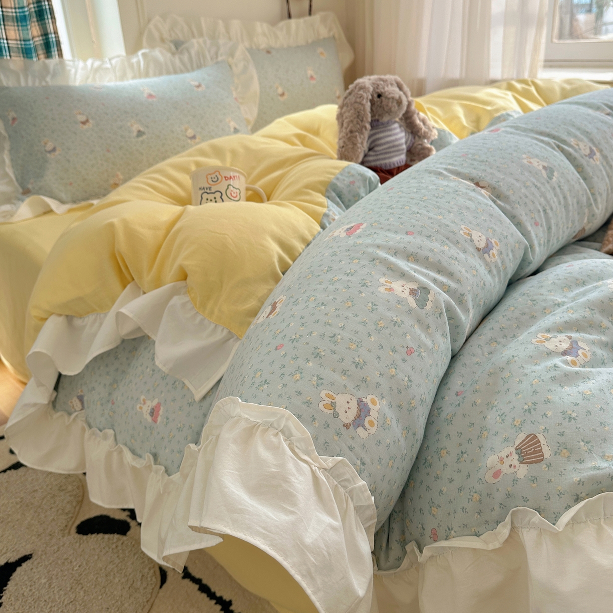 丽涵家纺 2026新款法式立体花边全棉纯棉双层纱四件套 可爱小兔兔