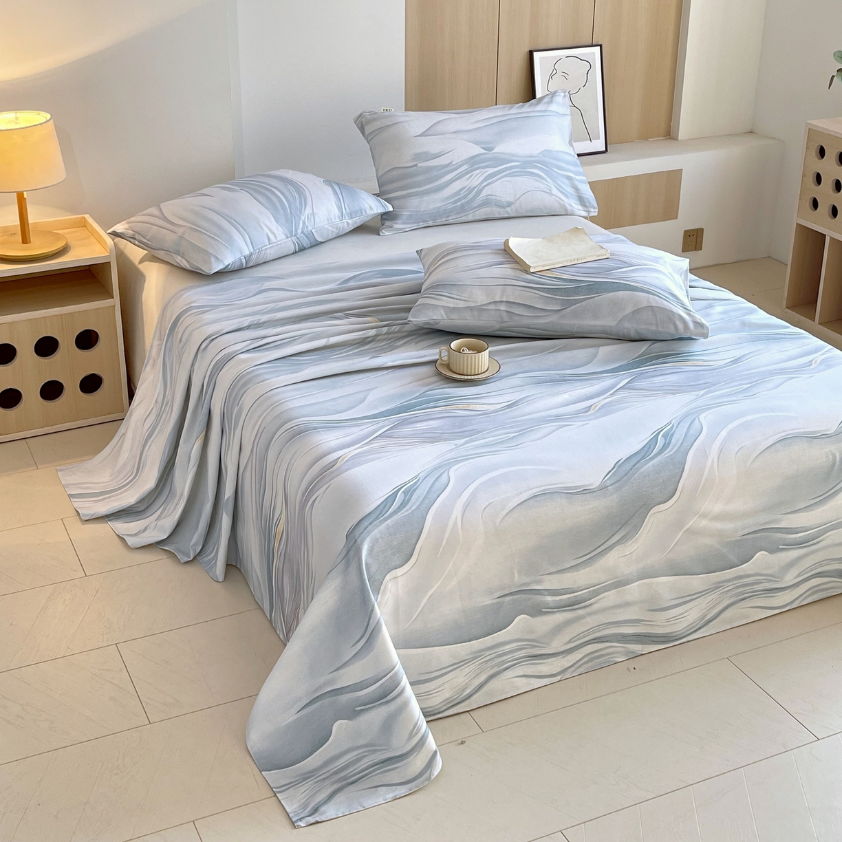 91家纺网 家纺一手货源 找家纺 爱彼家纺 2026春夏新款A类全棉纯棉老粗布凉席三件套席子床单-系列四 华夫格-水墨江南