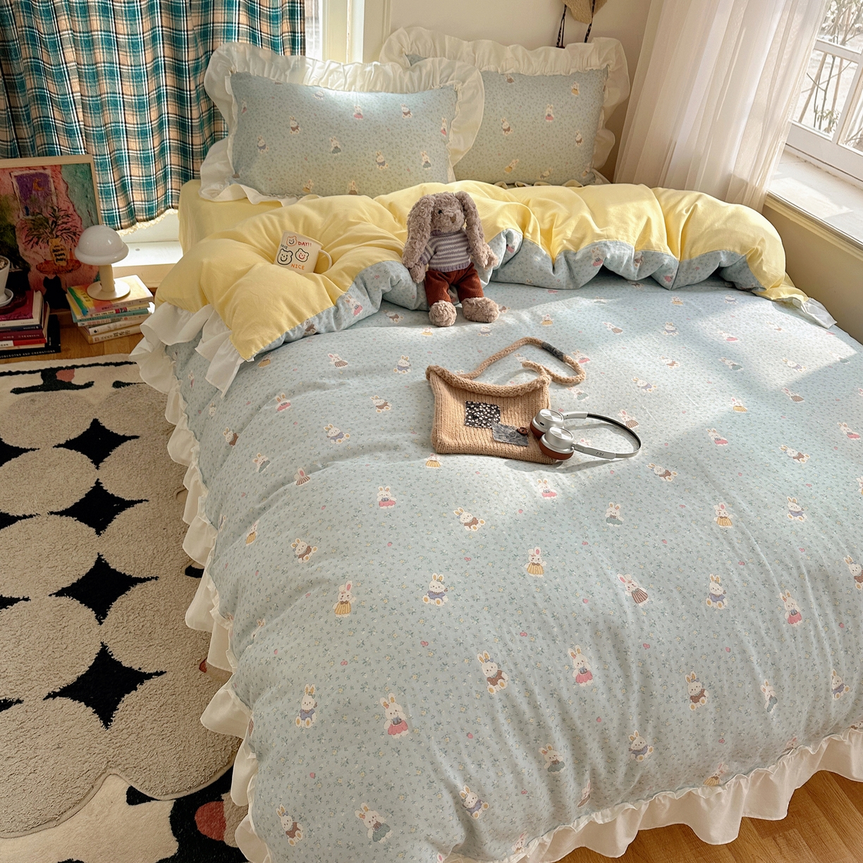 91家纺网 家纺一手货源 找家纺 丽涵家纺 2026新款法式立体花边全棉纯棉双层纱四件套 可爱小兔兔