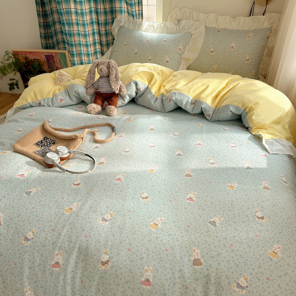 91家纺网 家纺一手货源 找家纺 丽涵家纺 2026新款法式立体花边全棉纯棉双层纱四件套 可爱小兔兔