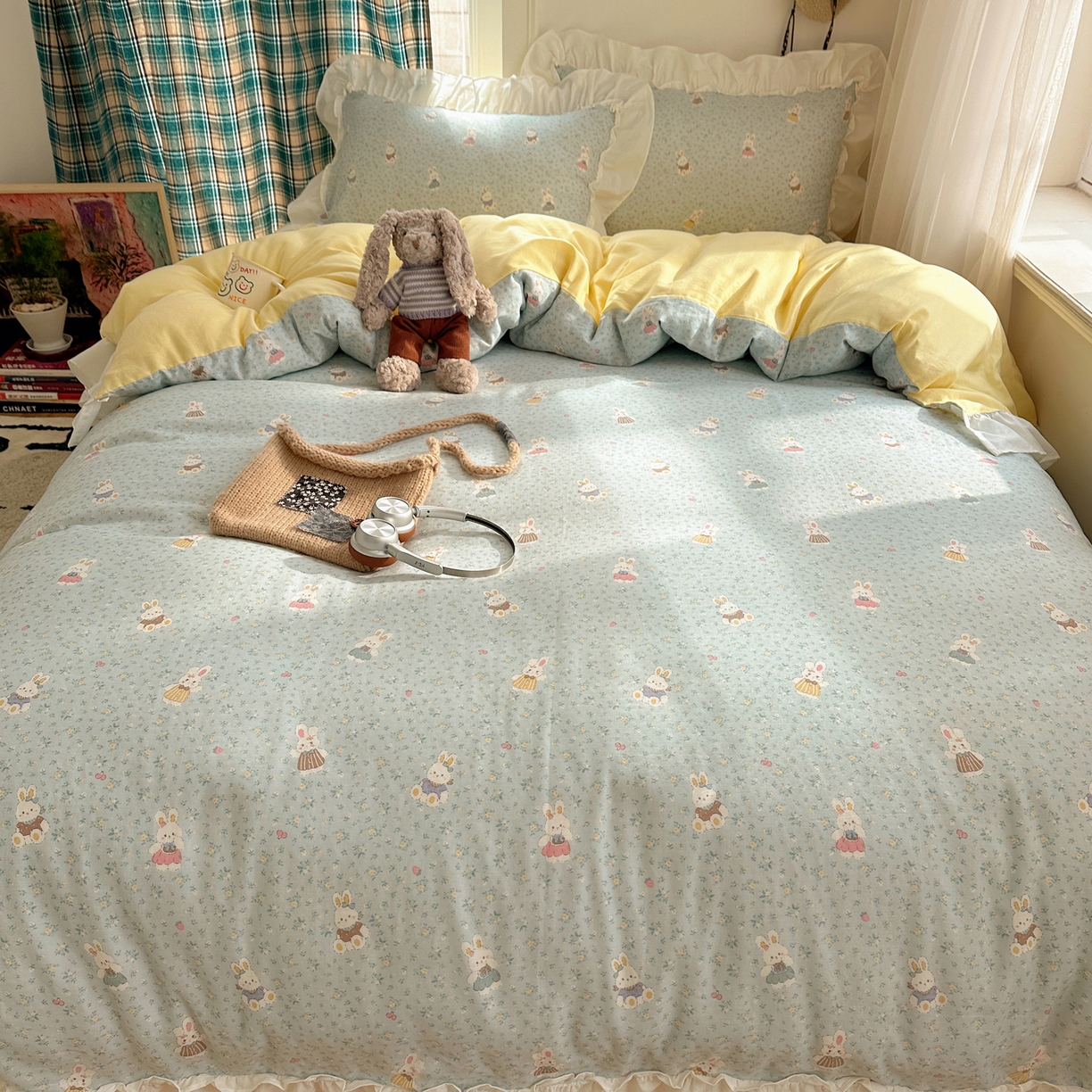 91家纺网 家纺一手货源 找家纺 丽涵家纺 2026新款法式立体花边全棉纯棉双层纱四件套 可爱小兔兔