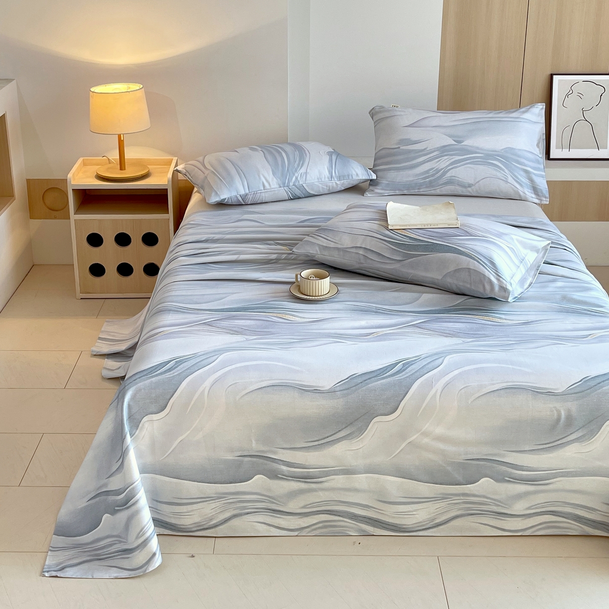 91家纺网 家纺一手货源 找家纺 爱彼家纺 2026春夏新款A类全棉纯棉老粗布凉席三件套席子床单-系列四 华夫格-水墨江南