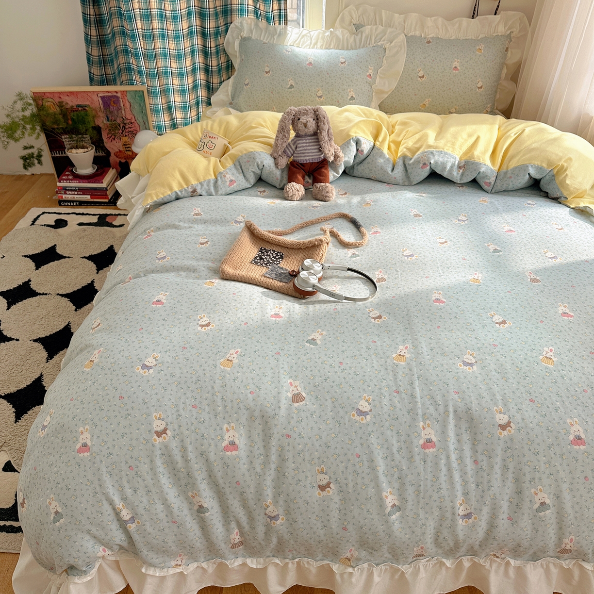 91家纺网 家纺一手货源 找家纺 丽涵家纺 2026新款法式立体花边全棉纯棉双层纱四件套 可爱小兔兔