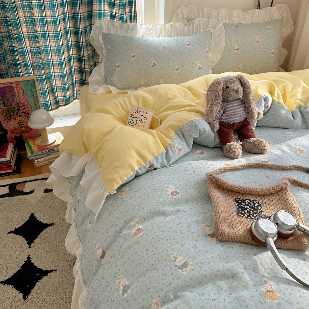 91家纺网 家纺一手货源 找家纺 丽涵家纺 2026新款法式立体花边全棉纯棉双层纱四件套 可爱小兔兔