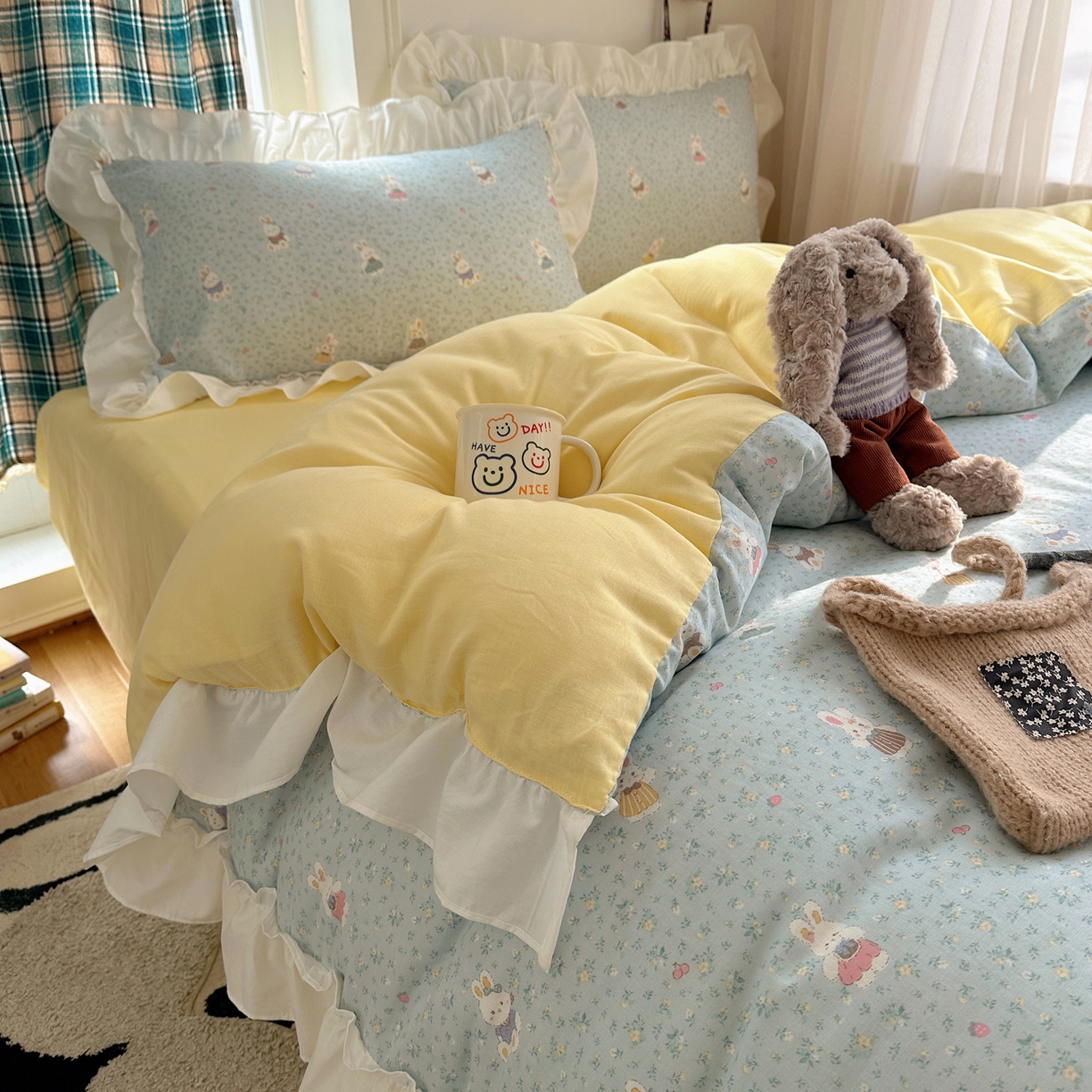 91家纺网 家纺一手货源 找家纺 丽涵家纺 2026新款法式立体花边全棉纯棉双层纱四件套 可爱小兔兔