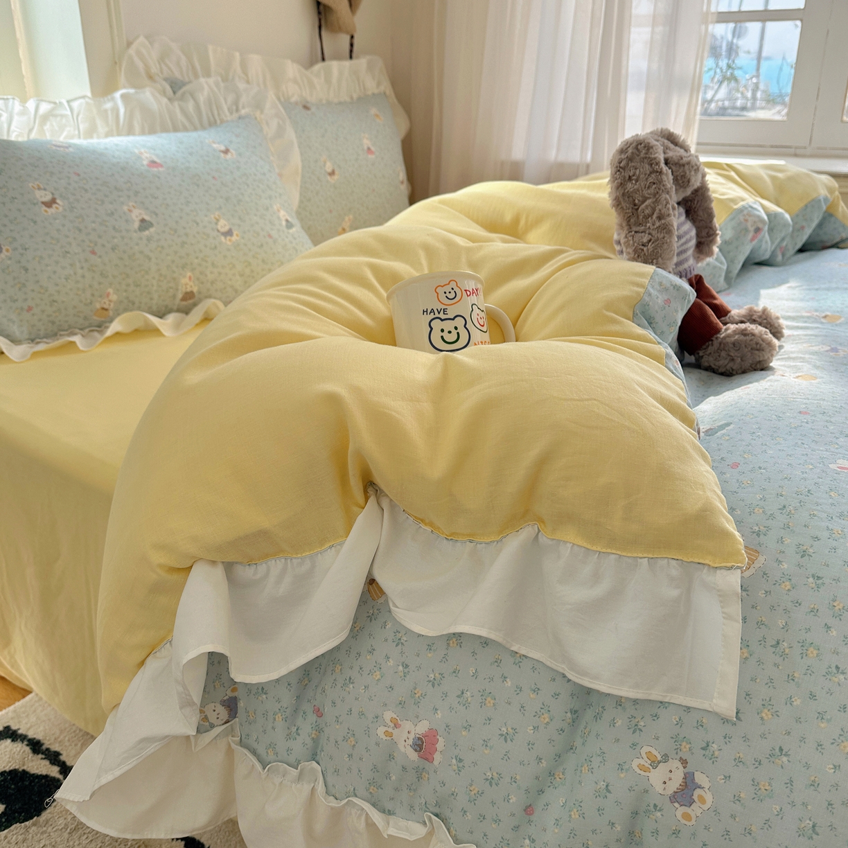 91家纺网 家纺一手货源 找家纺 丽涵家纺 2026新款法式立体花边全棉纯棉双层纱四件套 可爱小兔兔