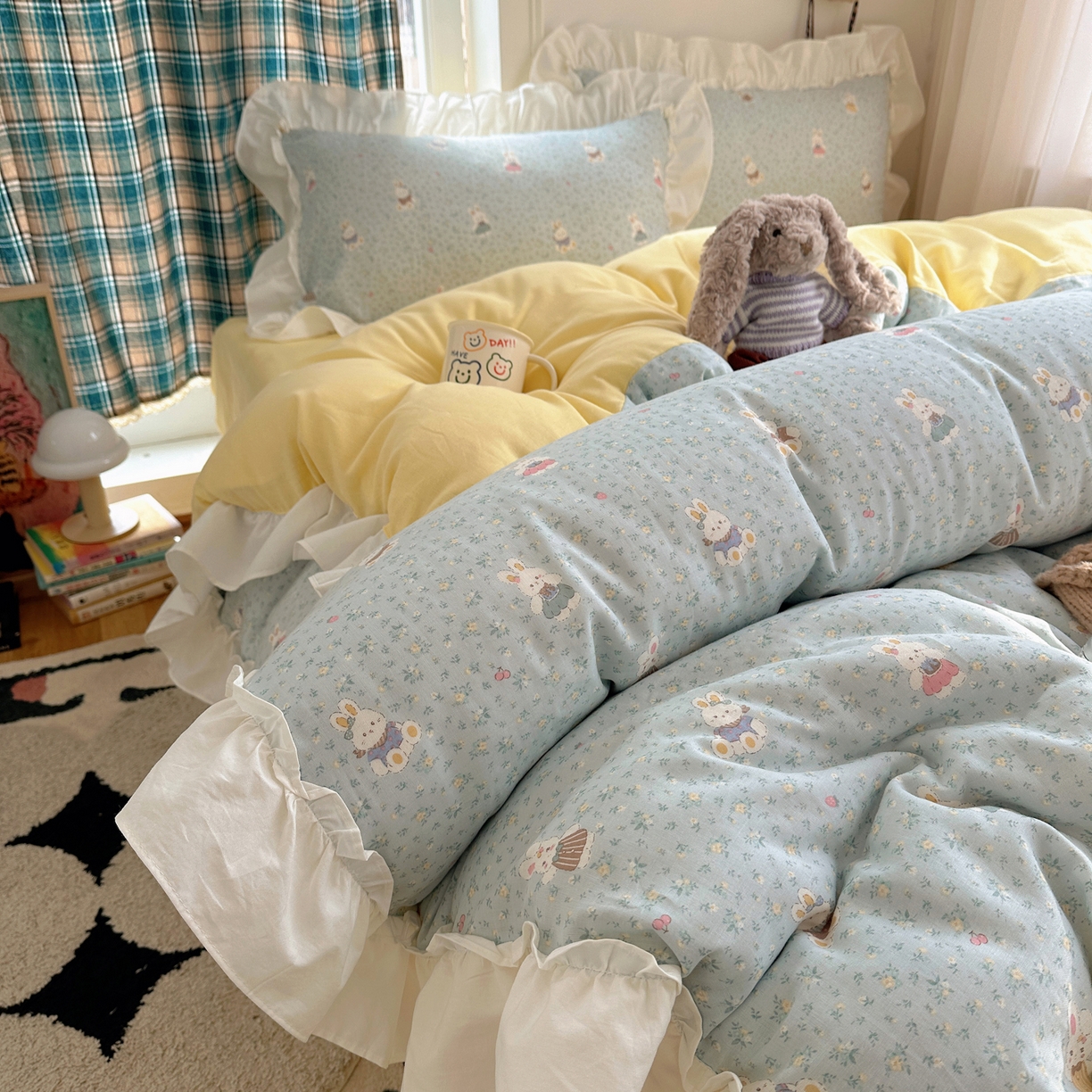 91家纺网 家纺一手货源 找家纺 丽涵家纺 2026新款法式立体花边全棉纯棉双层纱四件套 可爱小兔兔