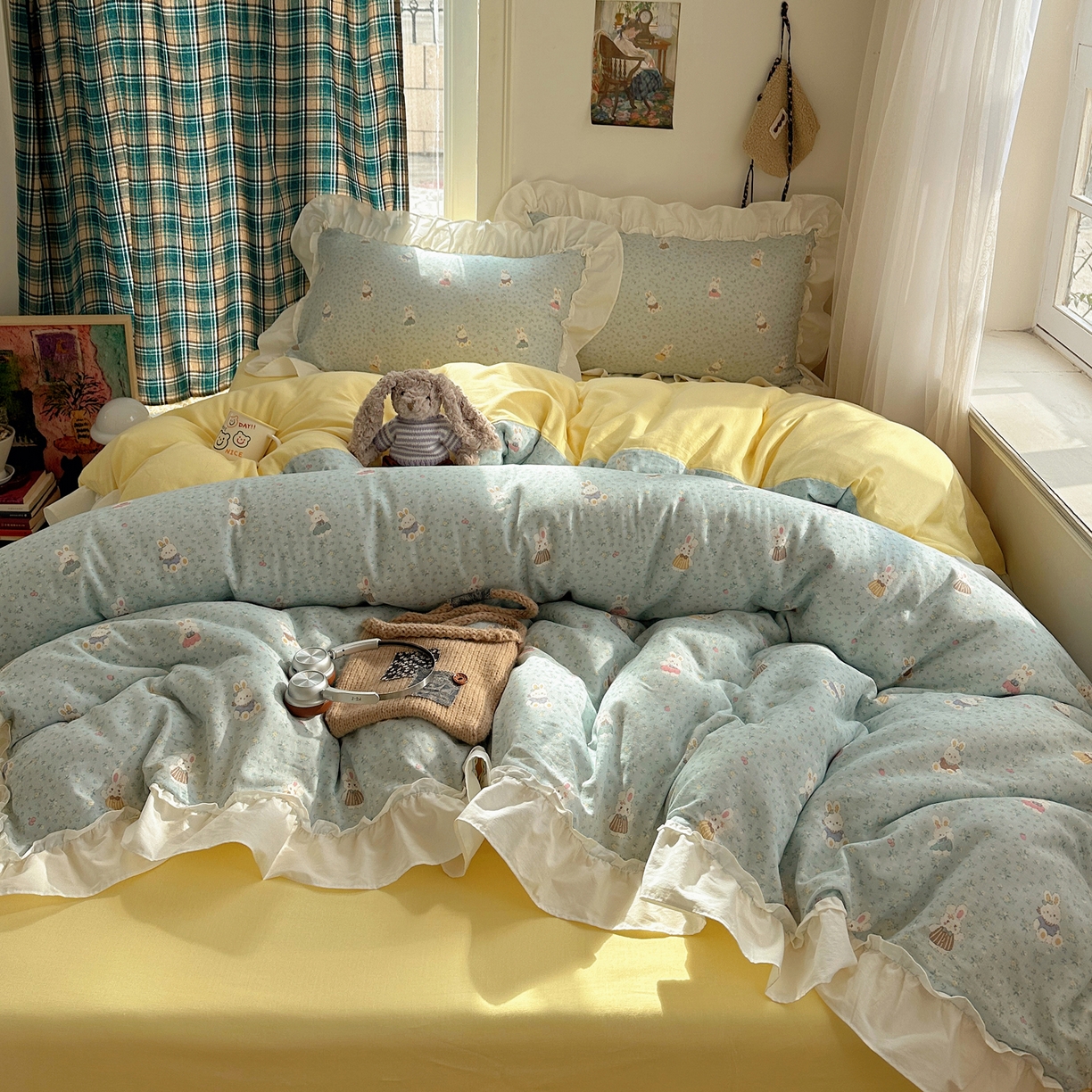 91家纺网 家纺一手货源 找家纺 丽涵家纺 2026新款法式立体花边全棉纯棉双层纱四件套 可爱小兔兔