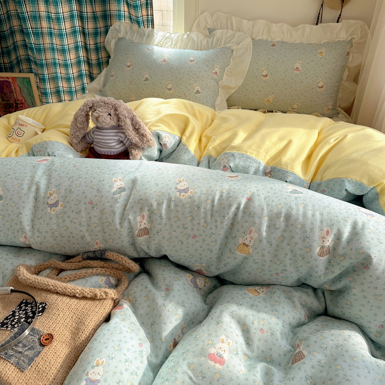 91家纺网 家纺一手货源 找家纺 丽涵家纺 2026新款法式立体花边全棉纯棉双层纱四件套 可爱小兔兔