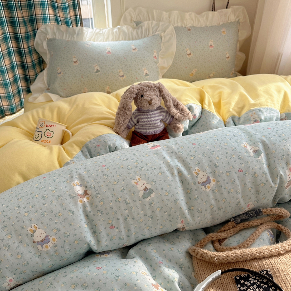 91家纺网 家纺一手货源 找家纺 丽涵家纺 2026新款法式立体花边全棉纯棉双层纱四件套 可爱小兔兔