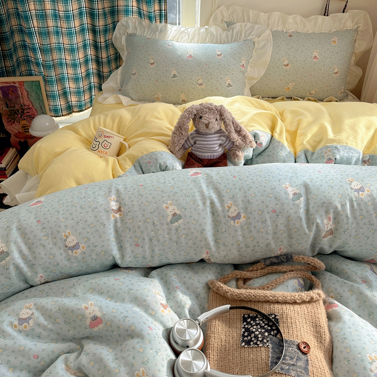 91家纺网 家纺一手货源 找家纺 丽涵家纺 2026新款法式立体花边全棉纯棉双层纱四件套 可爱小兔兔