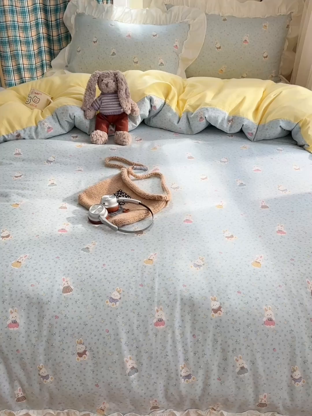 91家纺网 家纺一手货源 找家纺 丽涵家纺 2026新款法式立体花边全棉纯棉双层纱四件套 可爱小兔兔