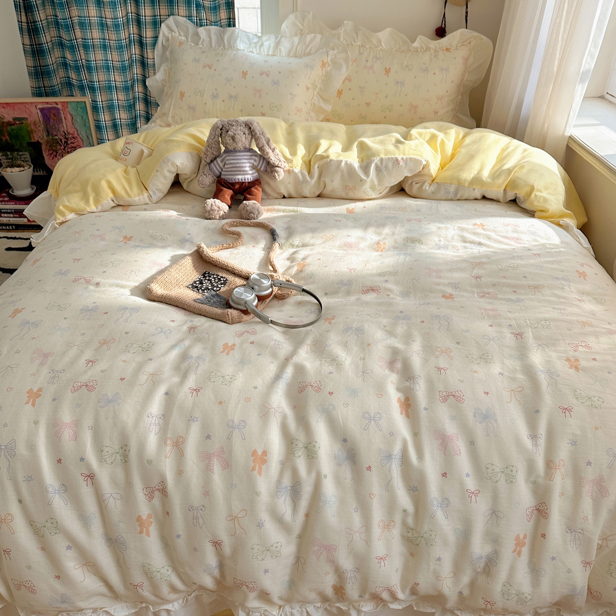 91家纺网 家纺一手货源 找家纺 丽涵家纺 2026新款法式立体花边全棉纯棉双层纱四件套 浪漫蝴蝶结