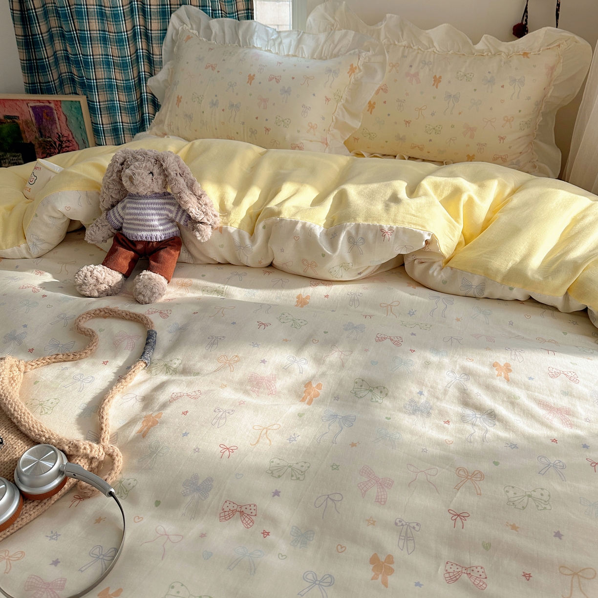 91家纺网 家纺一手货源 找家纺 丽涵家纺 2026新款法式立体花边全棉纯棉双层纱四件套 浪漫蝴蝶结