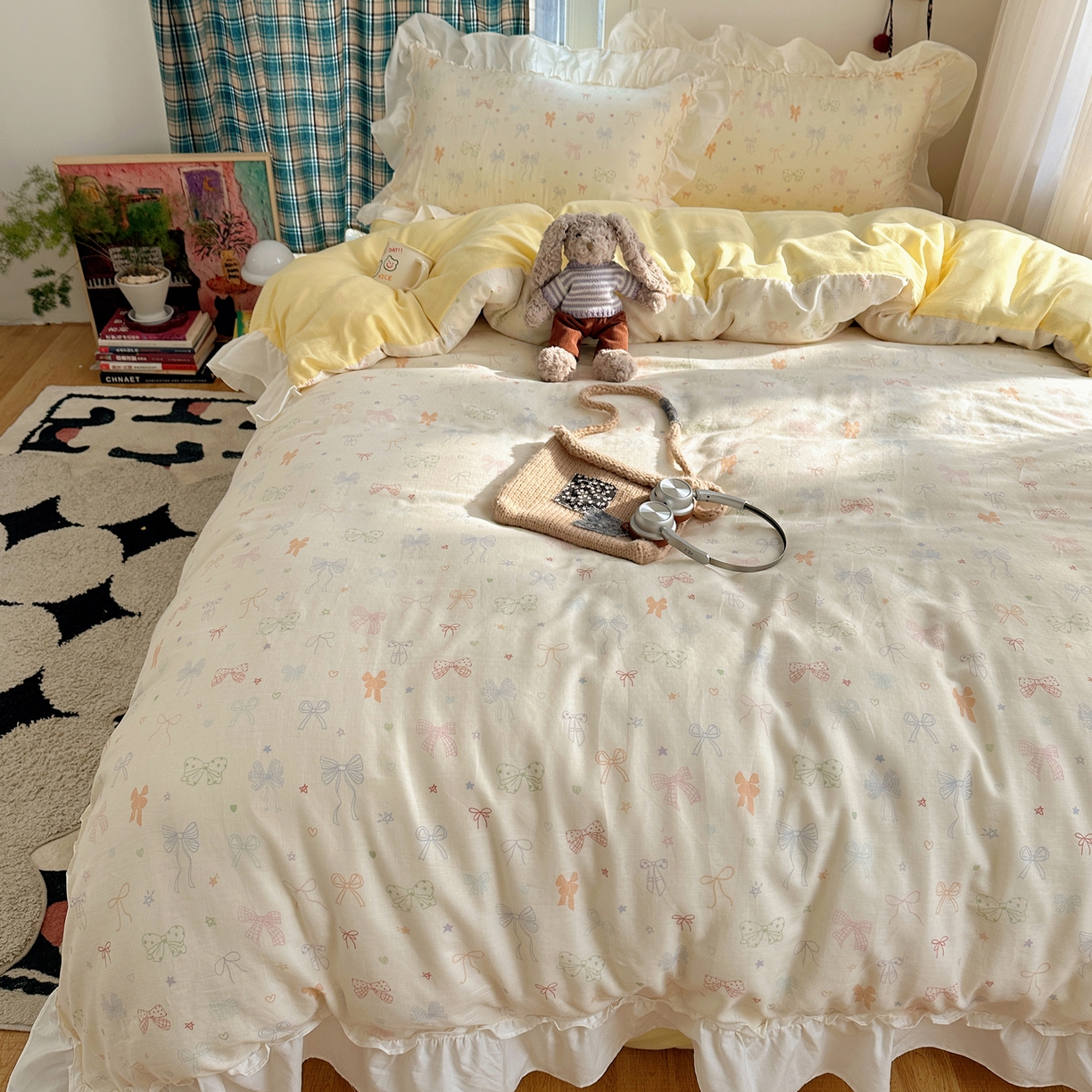 91家纺网 家纺一手货源 找家纺 丽涵家纺 2026新款法式立体花边全棉纯棉双层纱四件套 浪漫蝴蝶结