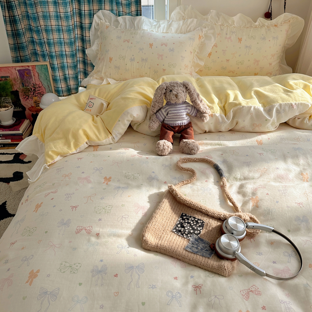 91家纺网 家纺一手货源 找家纺 丽涵家纺 2026新款法式立体花边全棉纯棉双层纱四件套 浪漫蝴蝶结