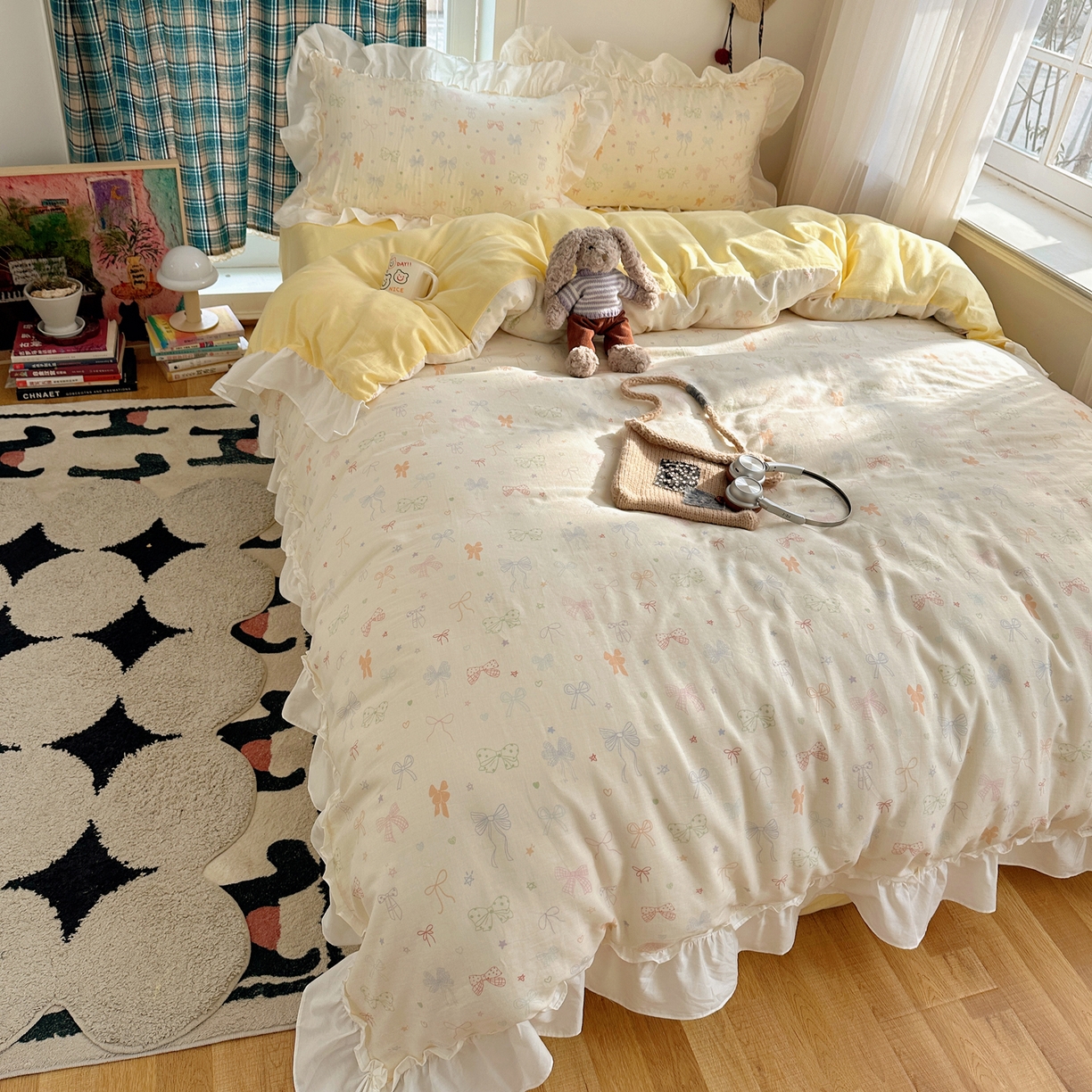 91家纺网 家纺一手货源 找家纺 丽涵家纺 2026新款法式立体花边全棉纯棉双层纱四件套 浪漫蝴蝶结