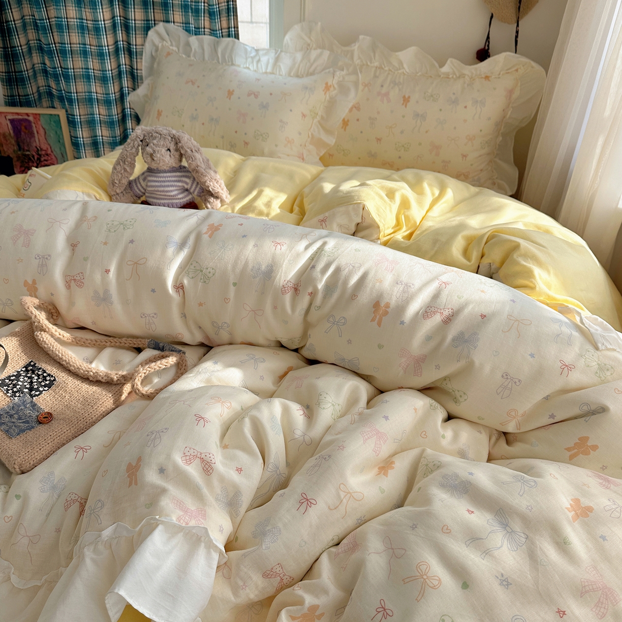 91家纺网 家纺一手货源 找家纺 丽涵家纺 2026新款法式立体花边全棉纯棉双层纱四件套 浪漫蝴蝶结