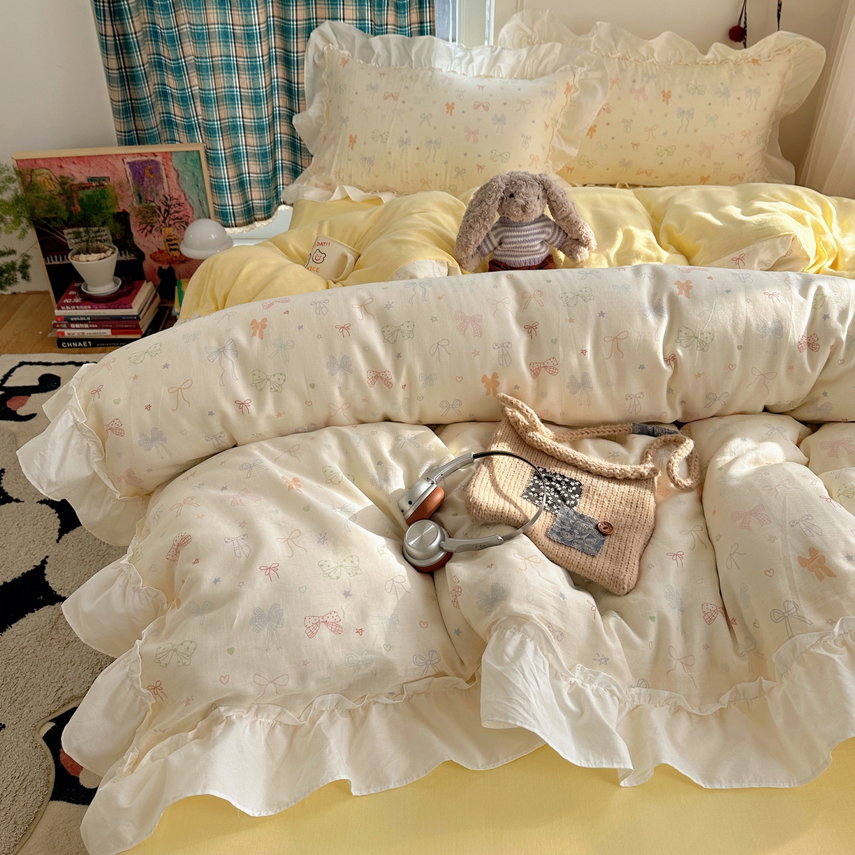 91家纺网 家纺一手货源 找家纺 丽涵家纺 2026新款法式立体花边全棉纯棉双层纱四件套 浪漫蝴蝶结