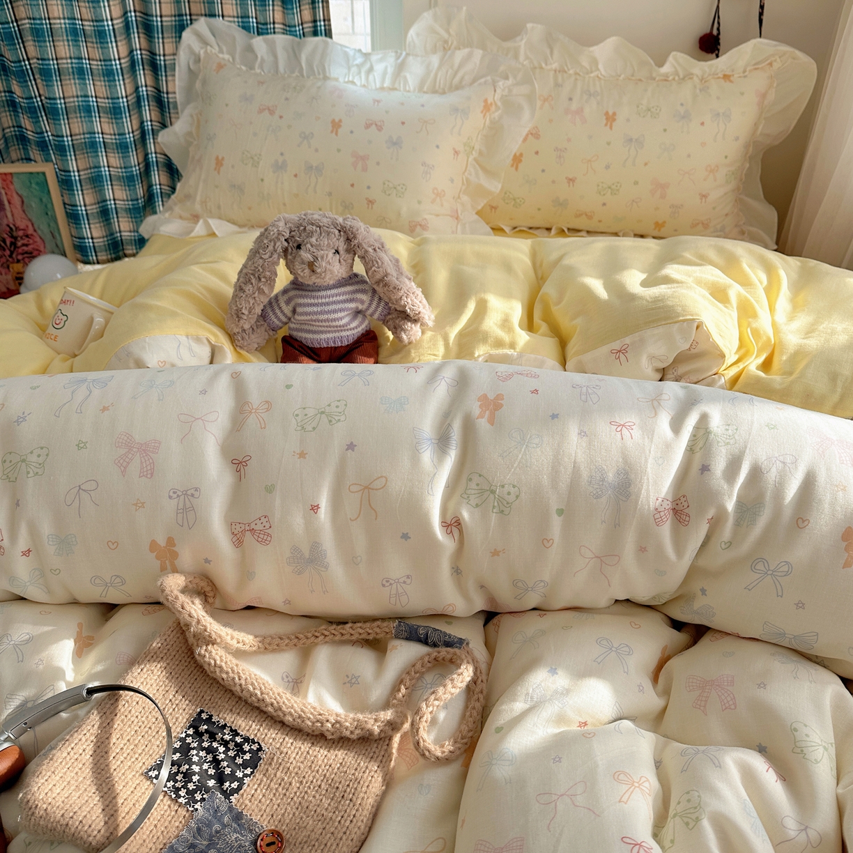 91家纺网 家纺一手货源 找家纺 丽涵家纺 2026新款法式立体花边全棉纯棉双层纱四件套 浪漫蝴蝶结