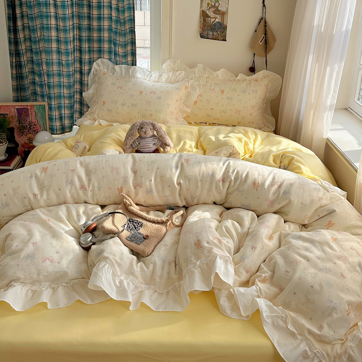 91家纺网 家纺一手货源 找家纺 丽涵家纺 2026新款法式立体花边全棉纯棉双层纱四件套 浪漫蝴蝶结